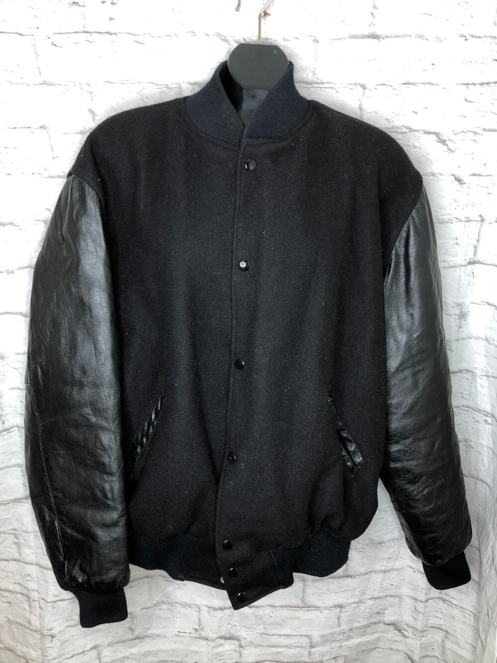 VTG Holloway Varsity Jacket Original Wool BLACK LEATHER Sz XL Snaps KLQ 94.5 FM